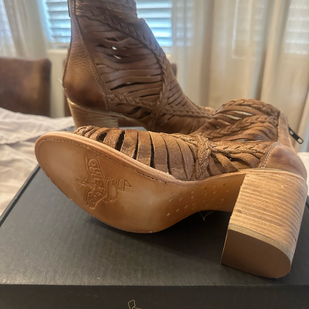 Freebird Braided Brown Peep-Toe Ankle Boots - Picture 2 of 4